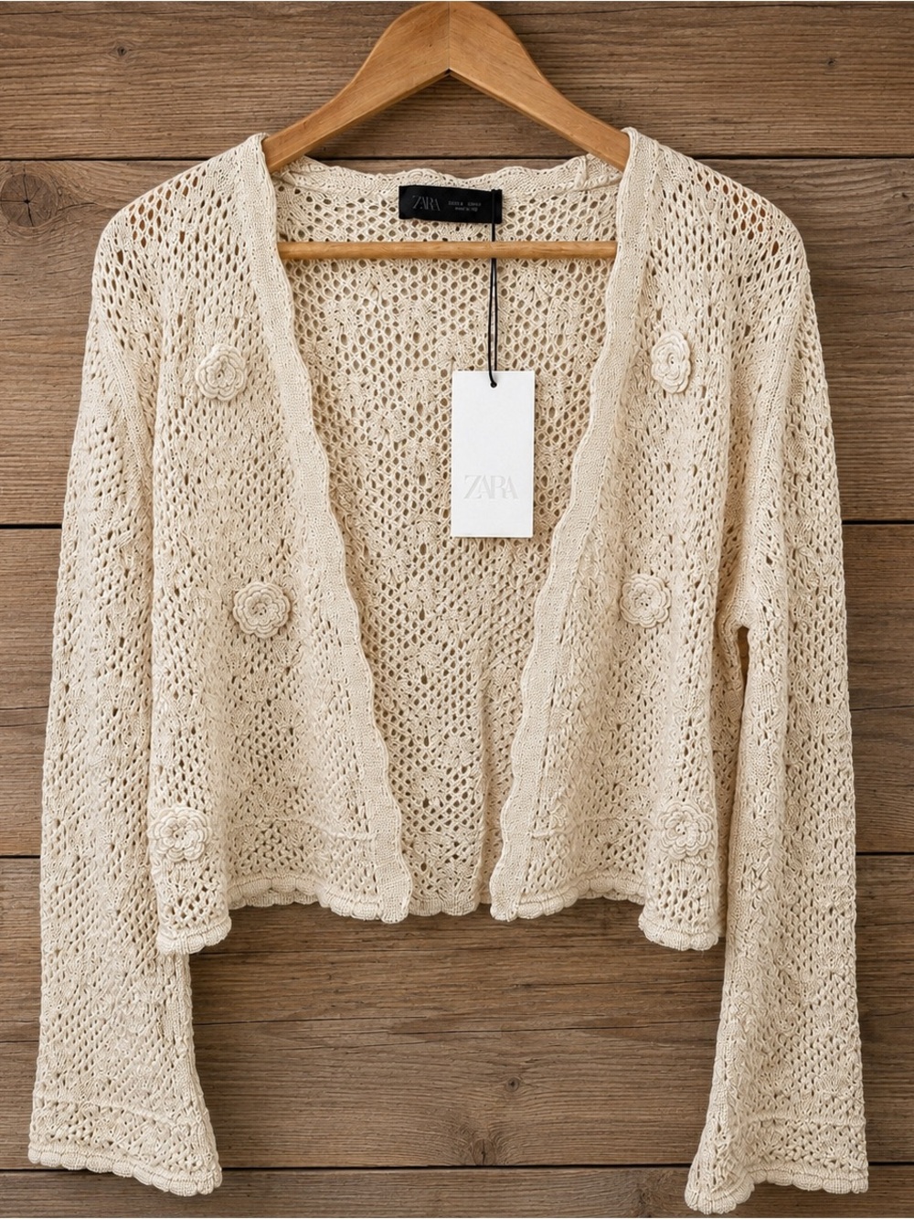 Zara Beige Crochet Open Front Cardigan Floral Accents